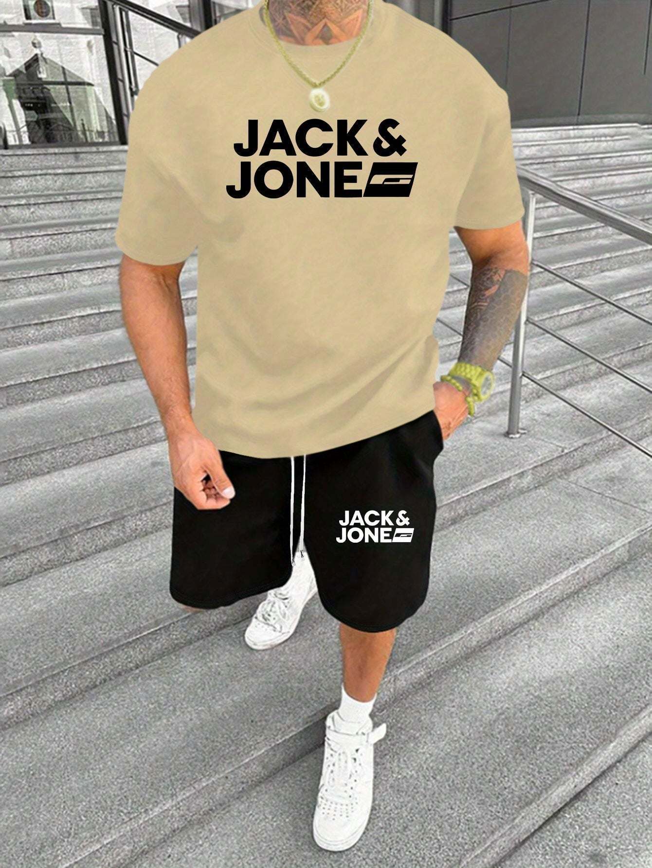 Mens Jack Jones Summer Set featuring a stylish crew neck tee and shorts with alphabet pattern, ideal for casual summer wear.