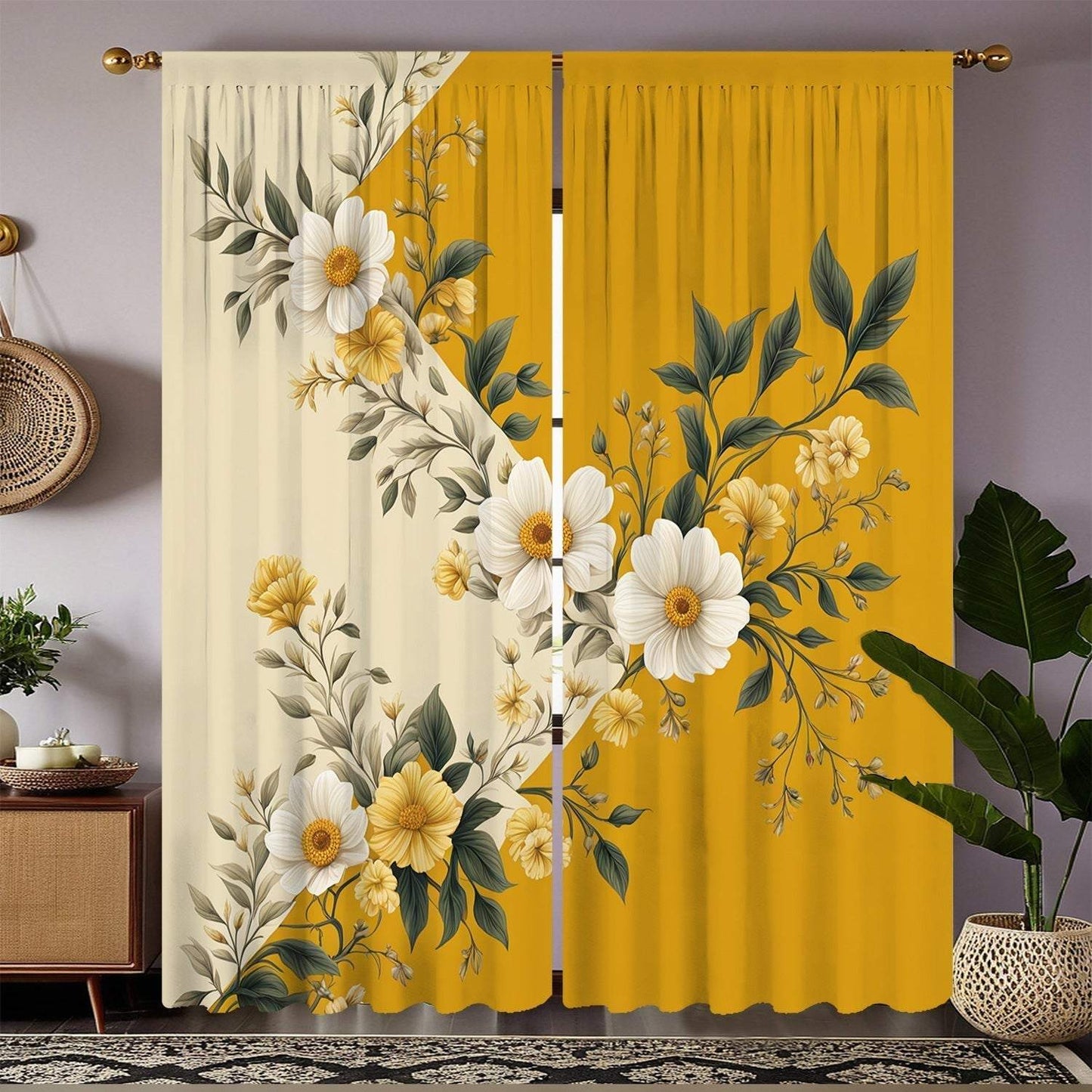 Yellow Floral Semi-Sheer Curtains, Washable, Rod Pocket, Unlined