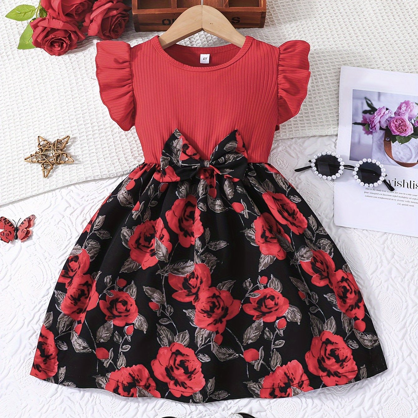 Elegant Rose Print Ruffle Dress for Girls, Bow Waist and Outdoor