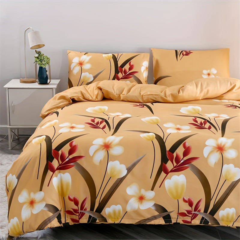 Floral Home Hotel Quilt Cover Set with Flower Pattern - 3pcs, All-Season, 100% Polyester.