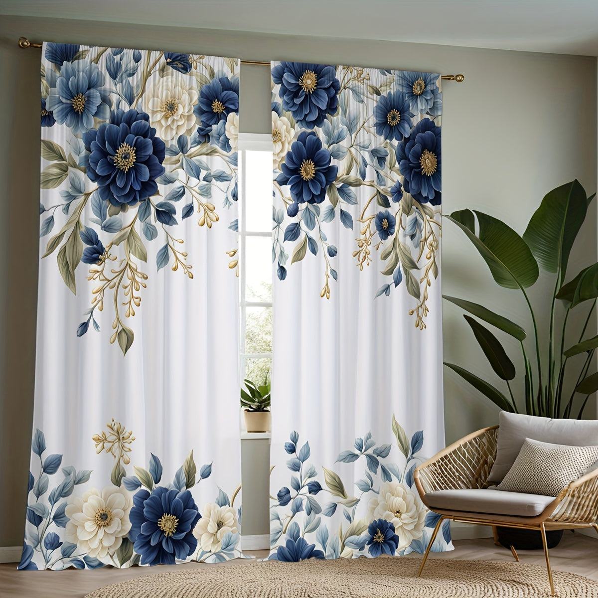 White Curtains with Blue Flowers