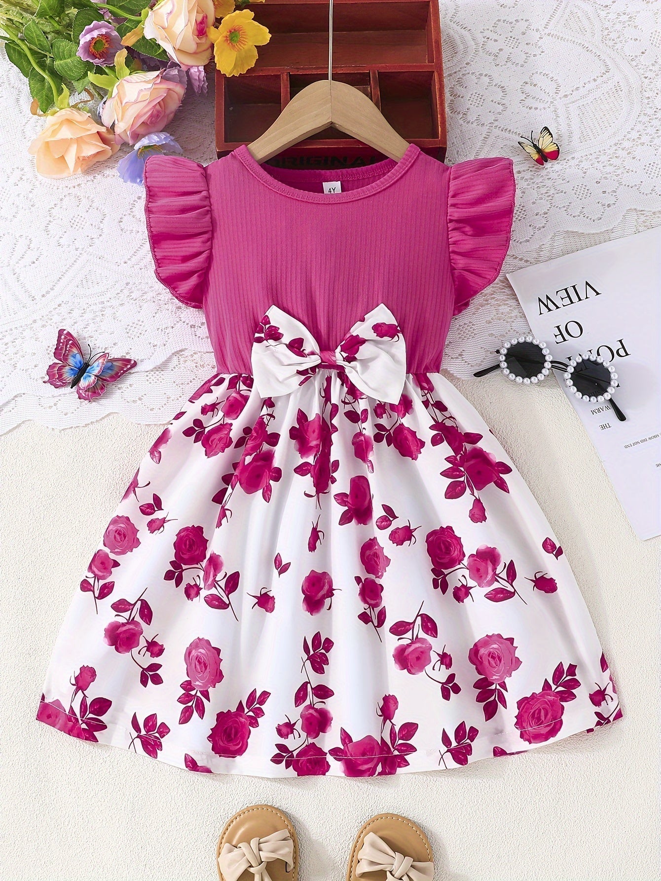 Elegant Rose Print Ruffle Dress for Girls, Bow Waist and Outdoor