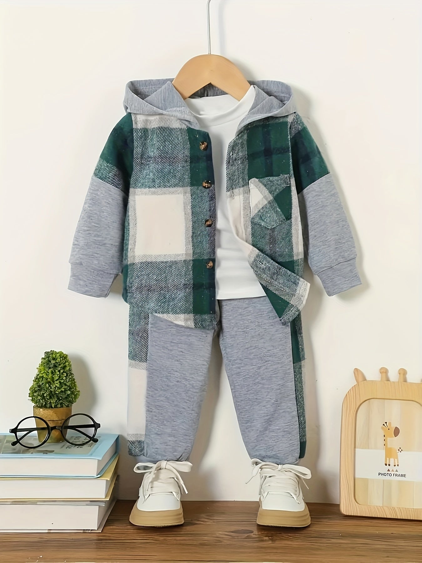 2 pcs Plaid Series Suit, Hooded Coat and Patchwork Pants Set
