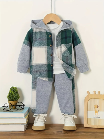 2 pcs Plaid Series Suit, Hooded Coat and Patchwork Pants Set