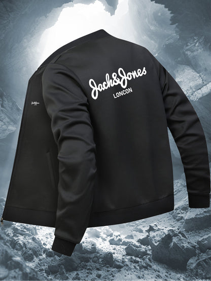 Mens navy graphic bomber jacket with zip closure and baseball collar by Jack & Jones.