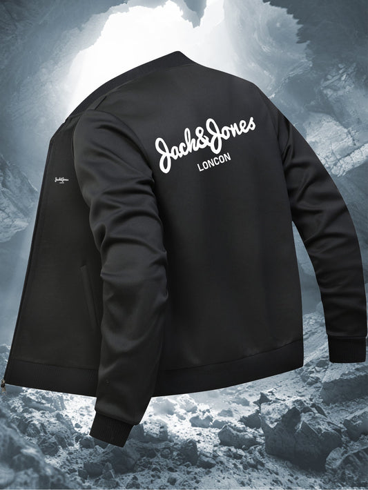 Mens navy graphic bomber jacket with zip closure and baseball collar by Jack & Jones.