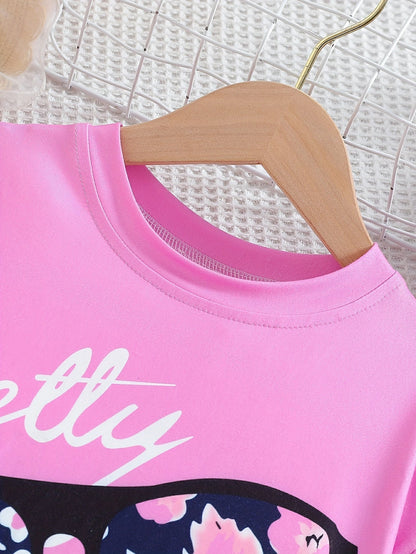 2 pcs Girls Party Outfit - Graphic Tee & Floral Leggings