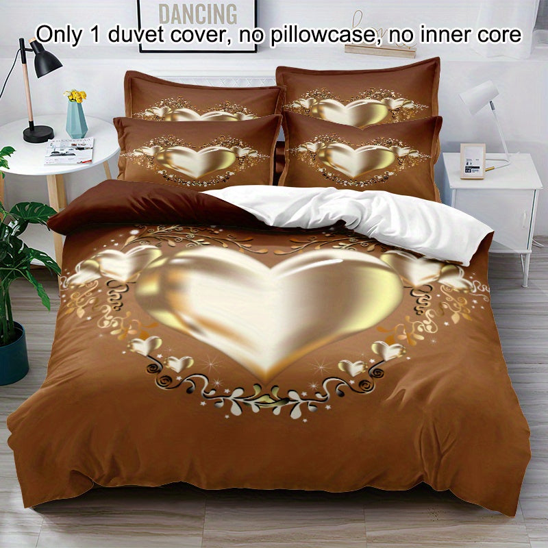 Geometric gold heart quilt cover in light beige, contemporary design, brushed polyester fabric.