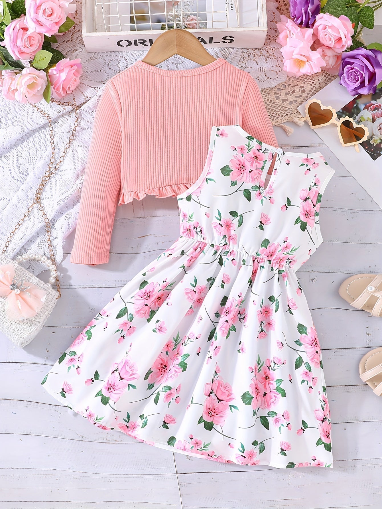 Girl Flower Print Vest Dress and Solid Jacket