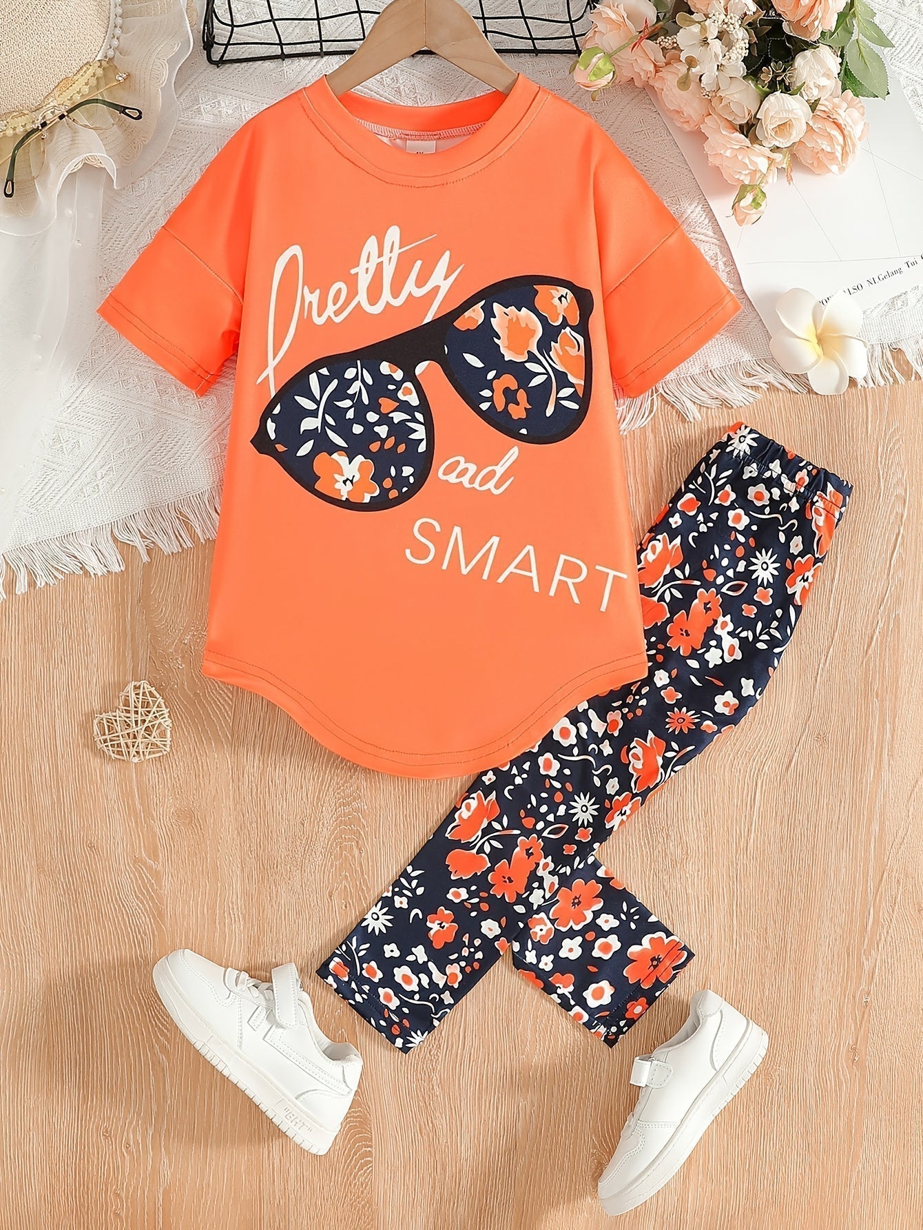 2 pcs Girls Party Outfit - Graphic Tee & Floral Leggings