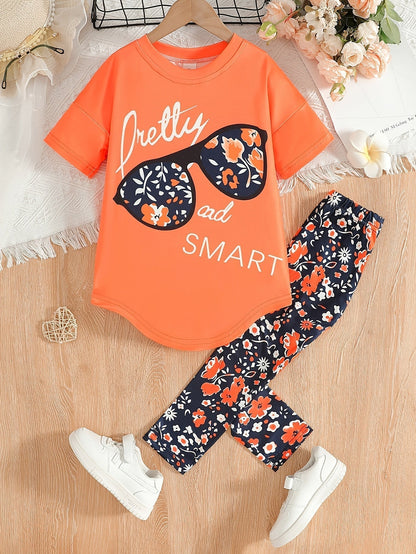 2 pcs Girls Party Outfit - Graphic Tee & Floral Leggings