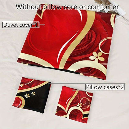 Heart Pattern Duvet Cover - 3pcs Set, Red & Black, All-Season