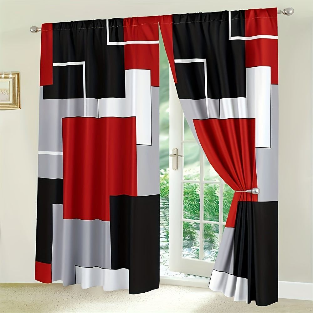 2pcs Modern plaid curtains in red and grey