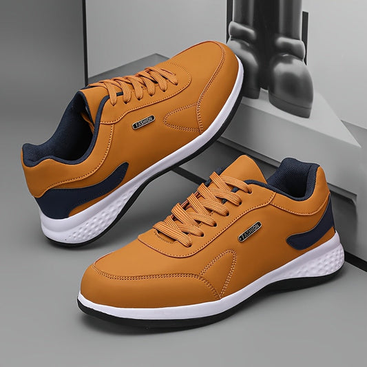 Mens low-top sneakers in solid color with lace closure and PU material.