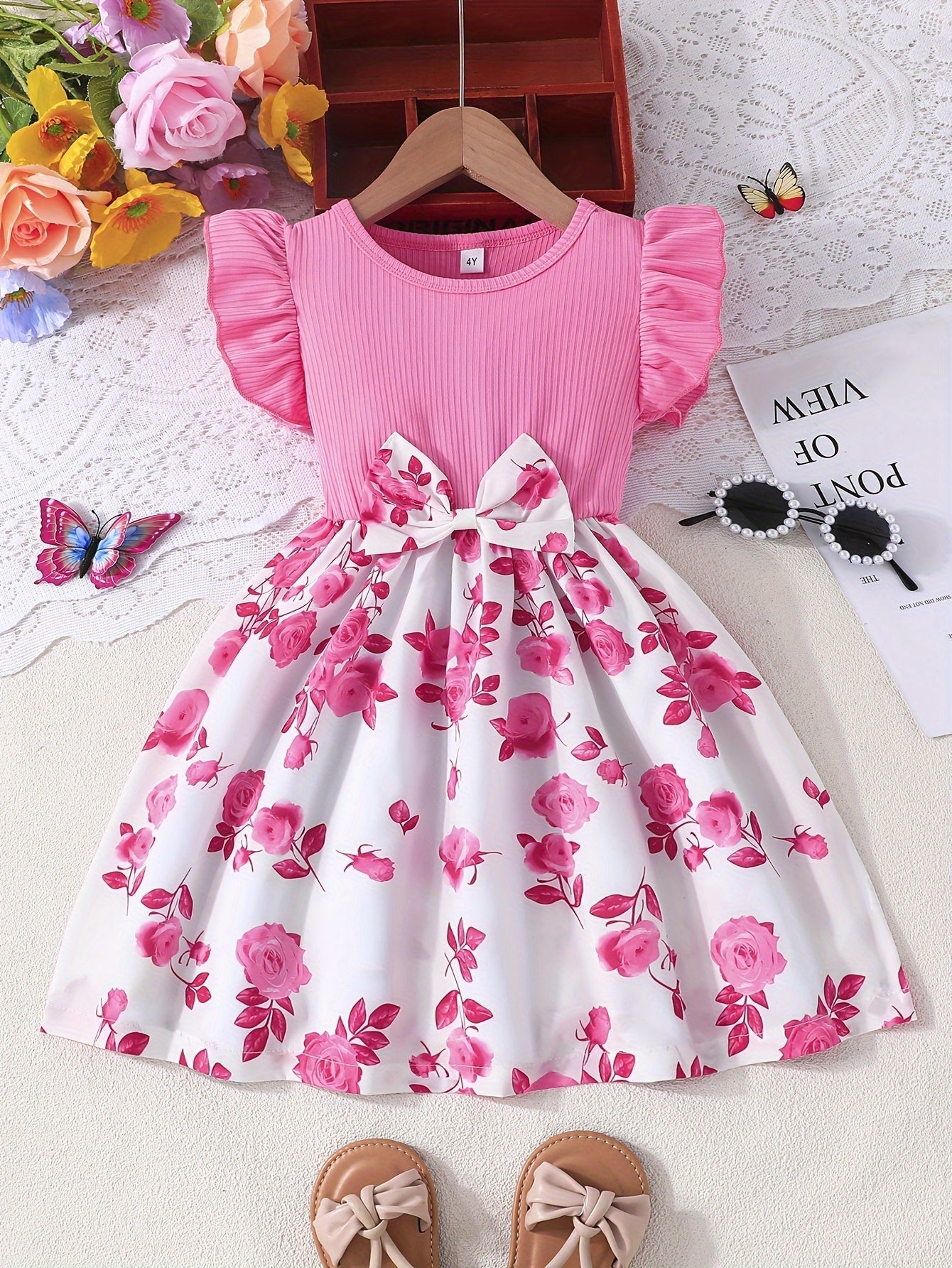 Elegant Rose Print Ruffle Dress for Girls, Bow Waist and Outdoor
