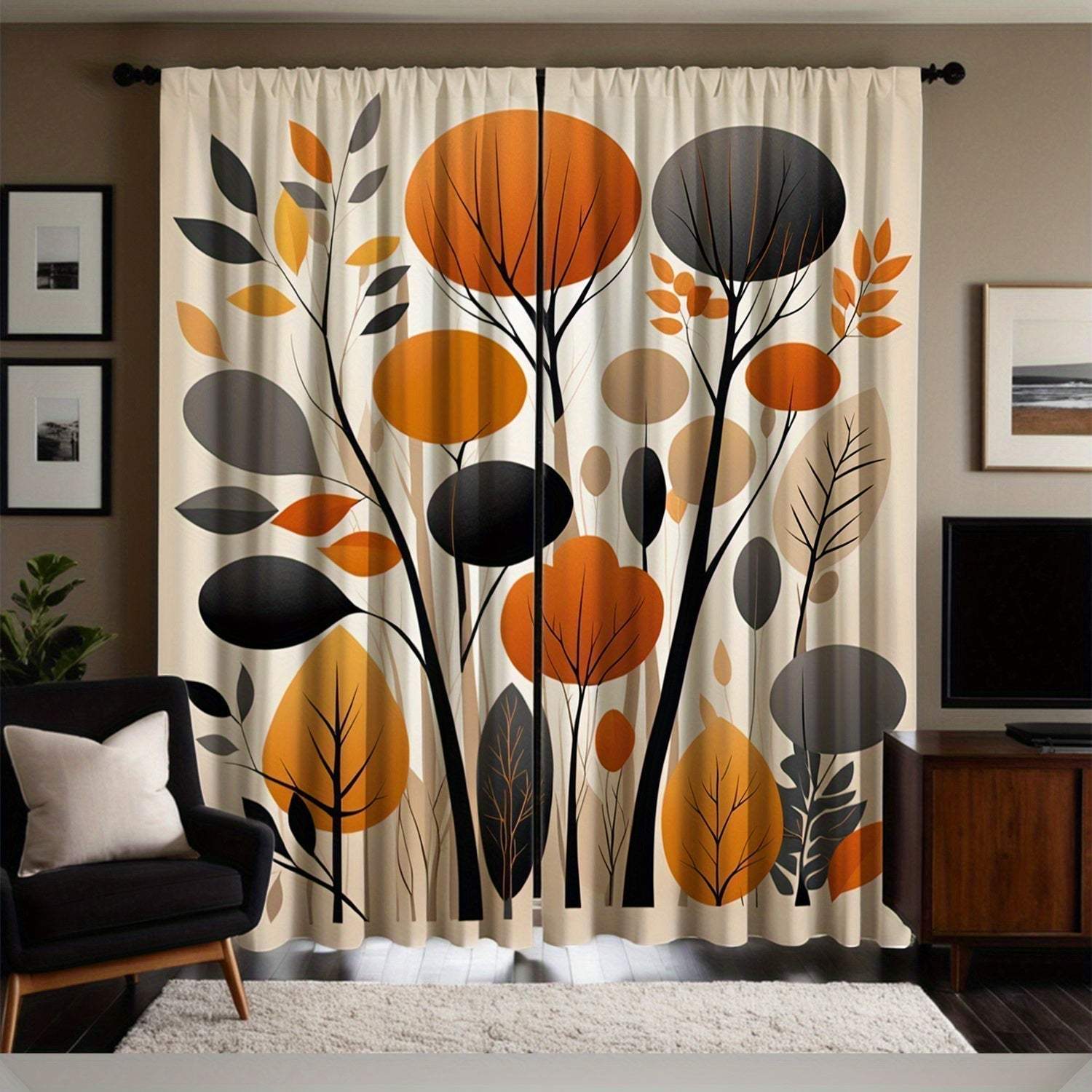 Abstract Orange Gray Leaf Curtains