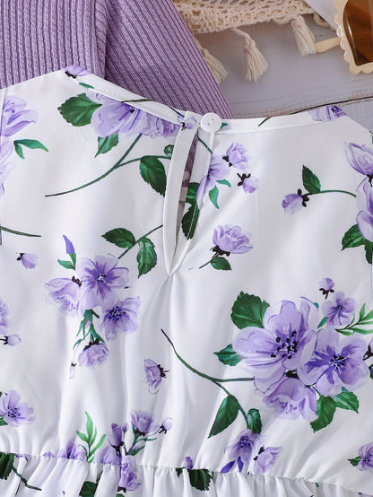 Girl Flower Print Vest Dress and Solid Jacket