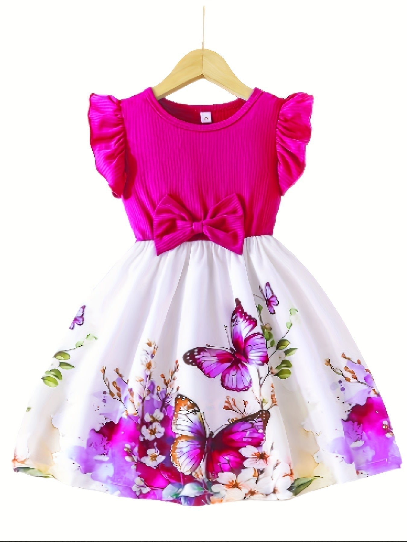 Elegant Rose Print Ruffle Dress for Girls, Bow Waist and Outdoor