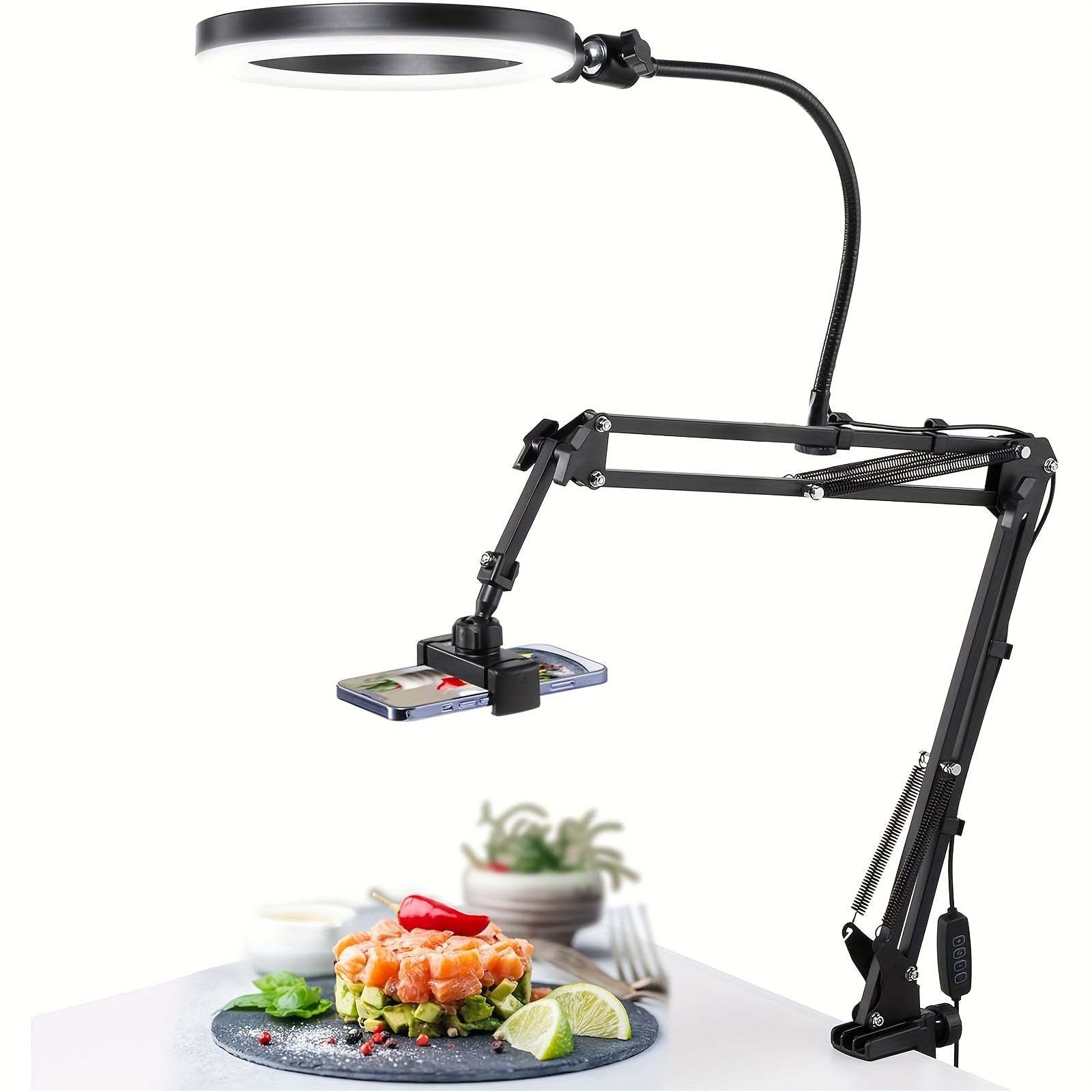 Phone Stand with Ring Light - Adjustable Aluminum Alloy, Desk Mount
