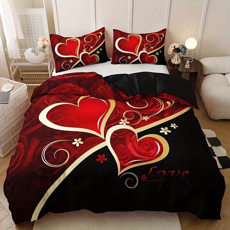 Heart Pattern Duvet Cover - 3pcs Set, Red & Black, All-Season