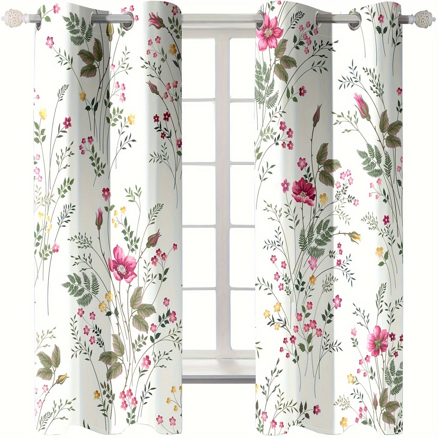 2pcs Spring Floral Green Plant Flower Digital Printing Living Room Curtains 100% Polyester