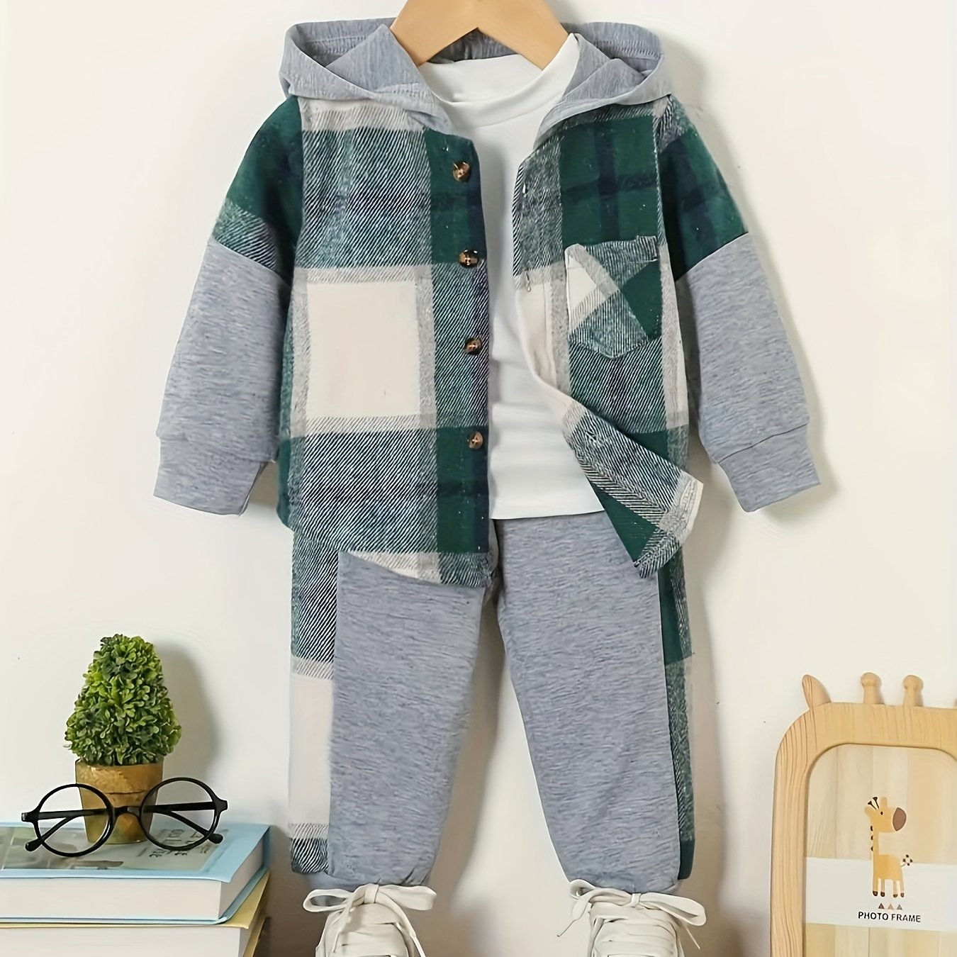 2 pcs Plaid Series Suit, Hooded Coat and Patchwork Pants Set