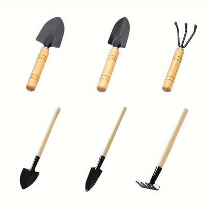 Mini Gardening Tool Set - 6 pcs. Metal & Wooden Hand Tools