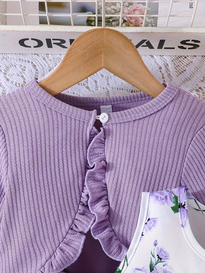 Girl Flower Print Vest Dress and Solid Jacket