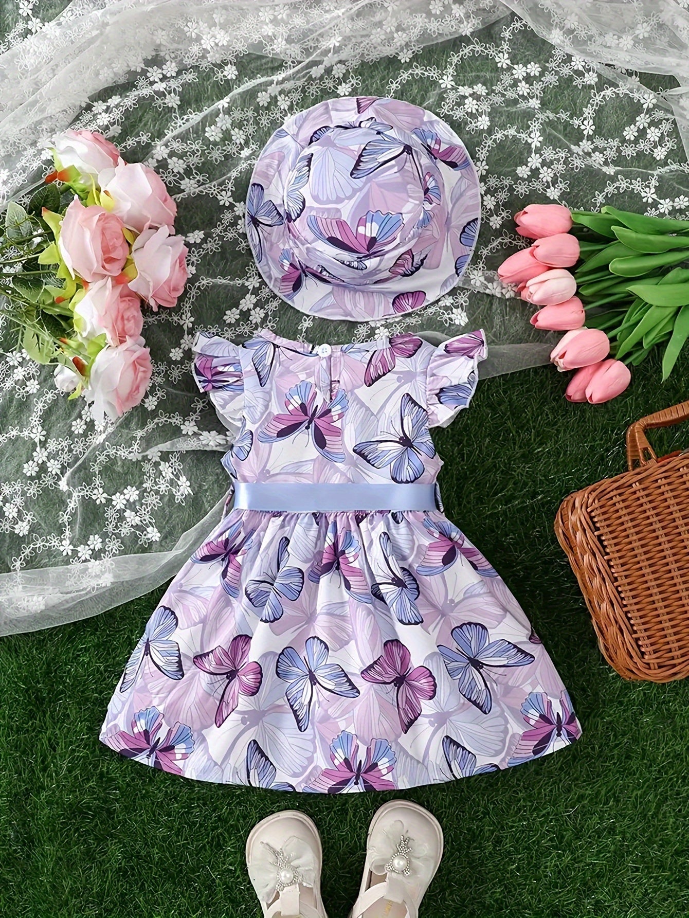 Girls Butterfly Print Dress and Hat Set - Adorable Holiday Outfit