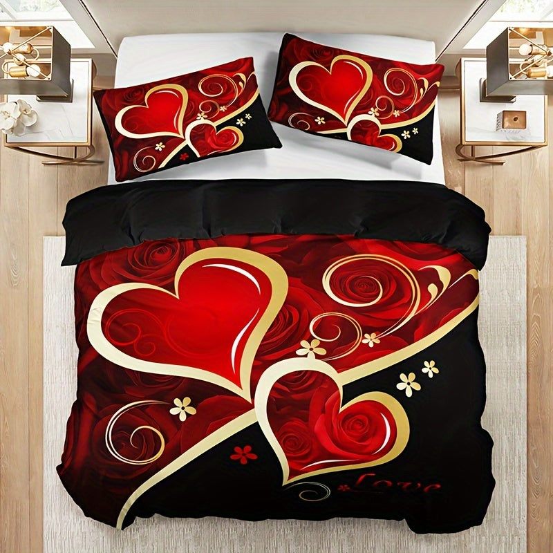 Heart Pattern Duvet Cover - 3pcs Set, Red & Black, All-Season