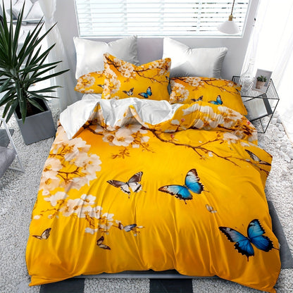 Plum Blossom Butterfly quilt set with yellow background and blue butterflies, includes quilt cover and pillowcases with zipper closure.