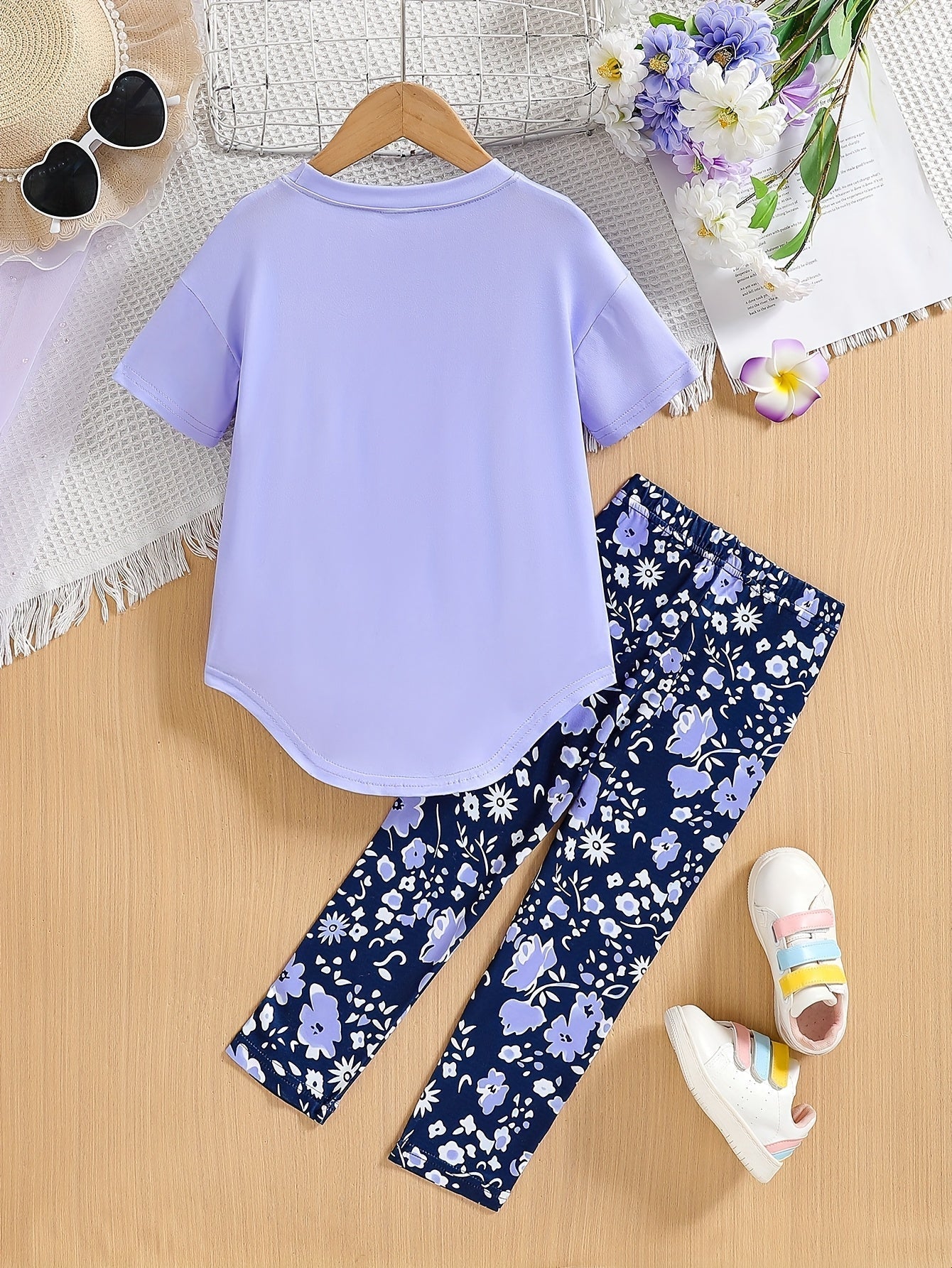 2 pcs Girls Party Outfit - Graphic Tee & Floral Leggings