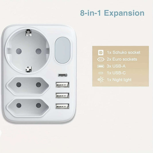 Socket Adapter with USB-C & Night Light - HITRENDS 7-in-1
