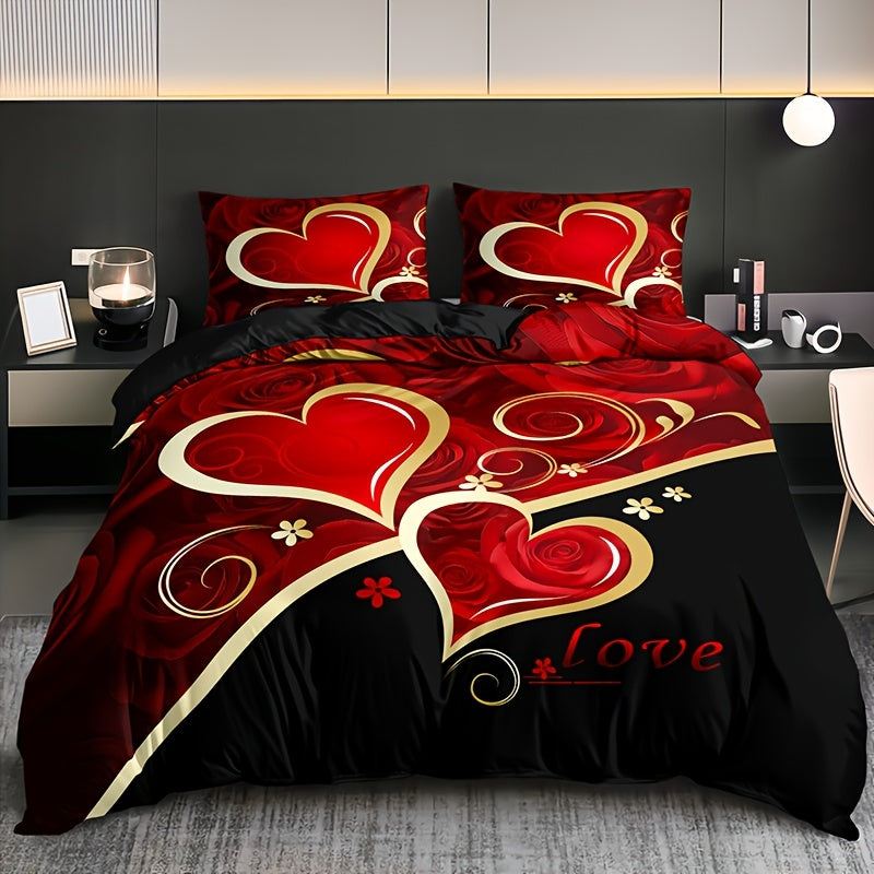 Heart Pattern Duvet Cover - 3pcs Set, Red & Black, All-Season