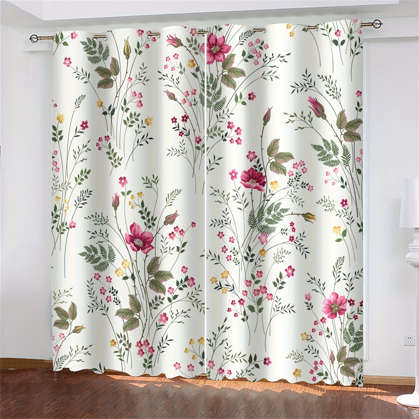 2pcs Spring Floral Green Plant Flower Digital Printing Living Room Curtains 100% Polyester