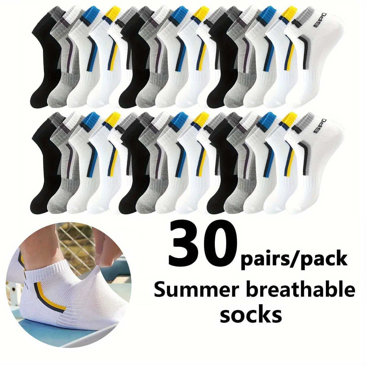 Men Short Socks - 10/20/30 Pairs, Thin, Breathable, 100% Polyester