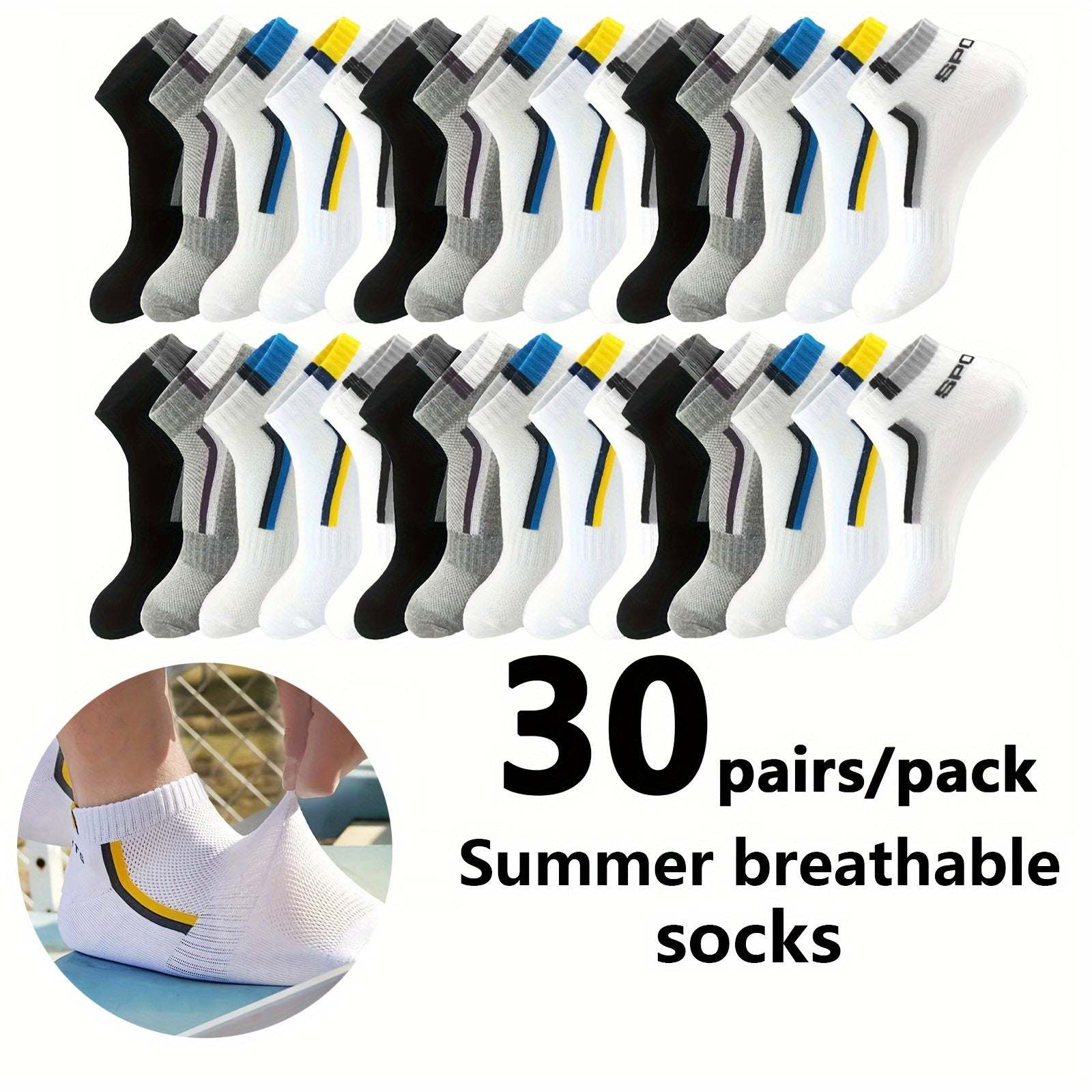 Men Short Socks - 10/20/30 Pairs, Thin, Breathable, 100% Polyester