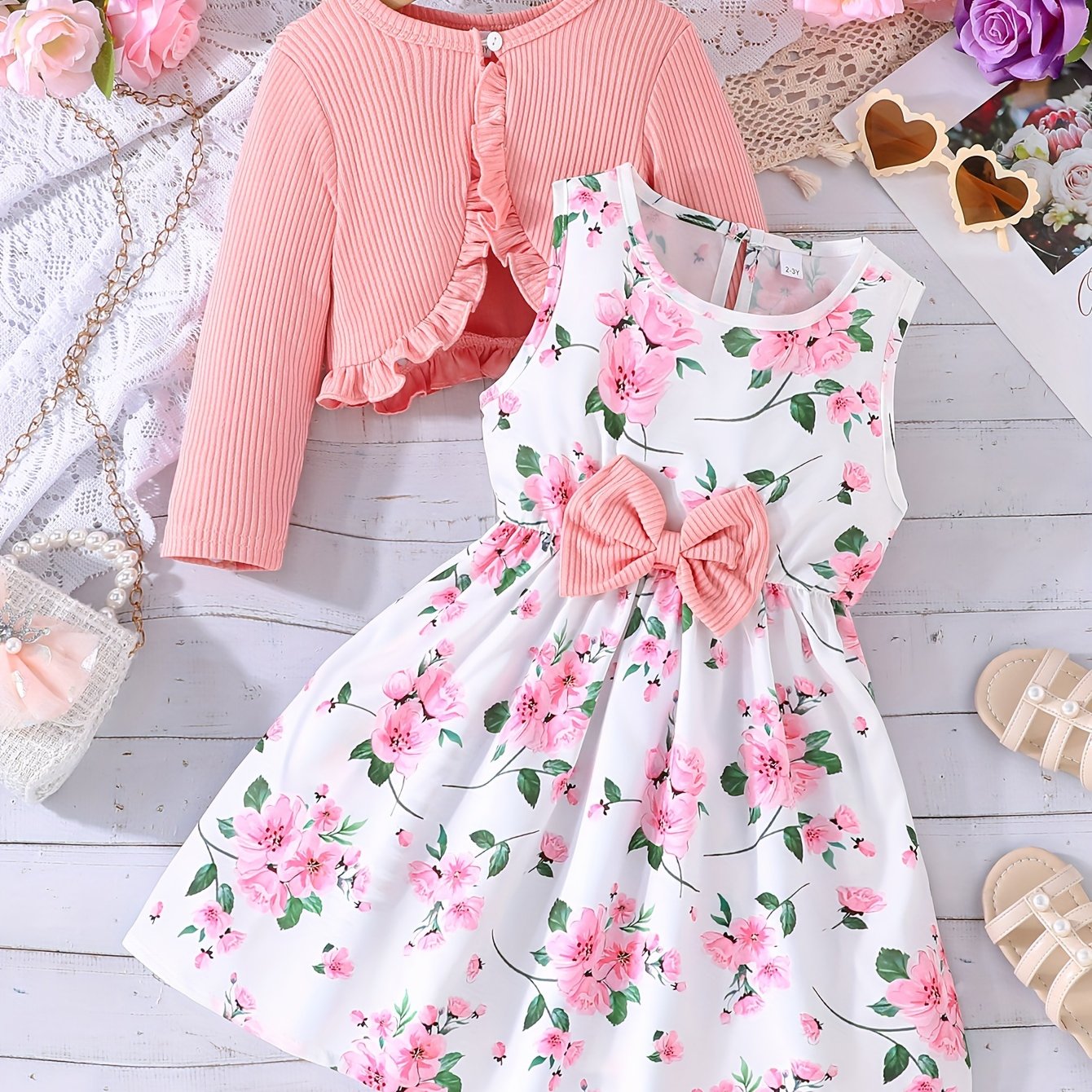 Girl Flower Print Vest Dress and Solid Jacket