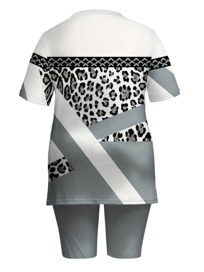 Womens Leopard Print Stripe Top Shorts Set