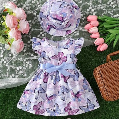Girls Butterfly Print Dress and Hat Set - Adorable Holiday Outfit