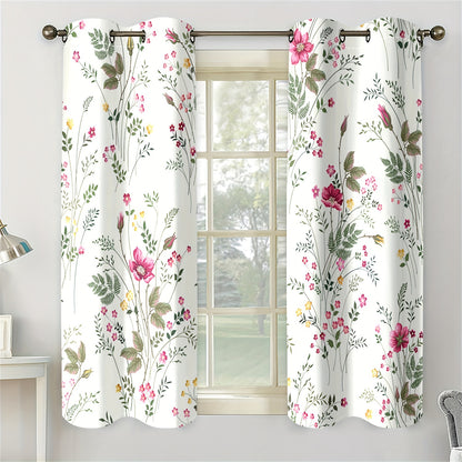 2pcs Spring Floral Green Plant Flower Digital Printing Living Room Curtains 100% Polyester