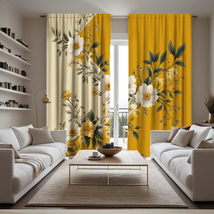Yellow Floral Semi-Sheer Curtains, Washable, Rod Pocket, Unlined