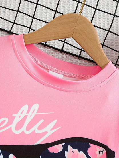 2 pcs Girls Party Outfit - Graphic Tee & Floral Leggings