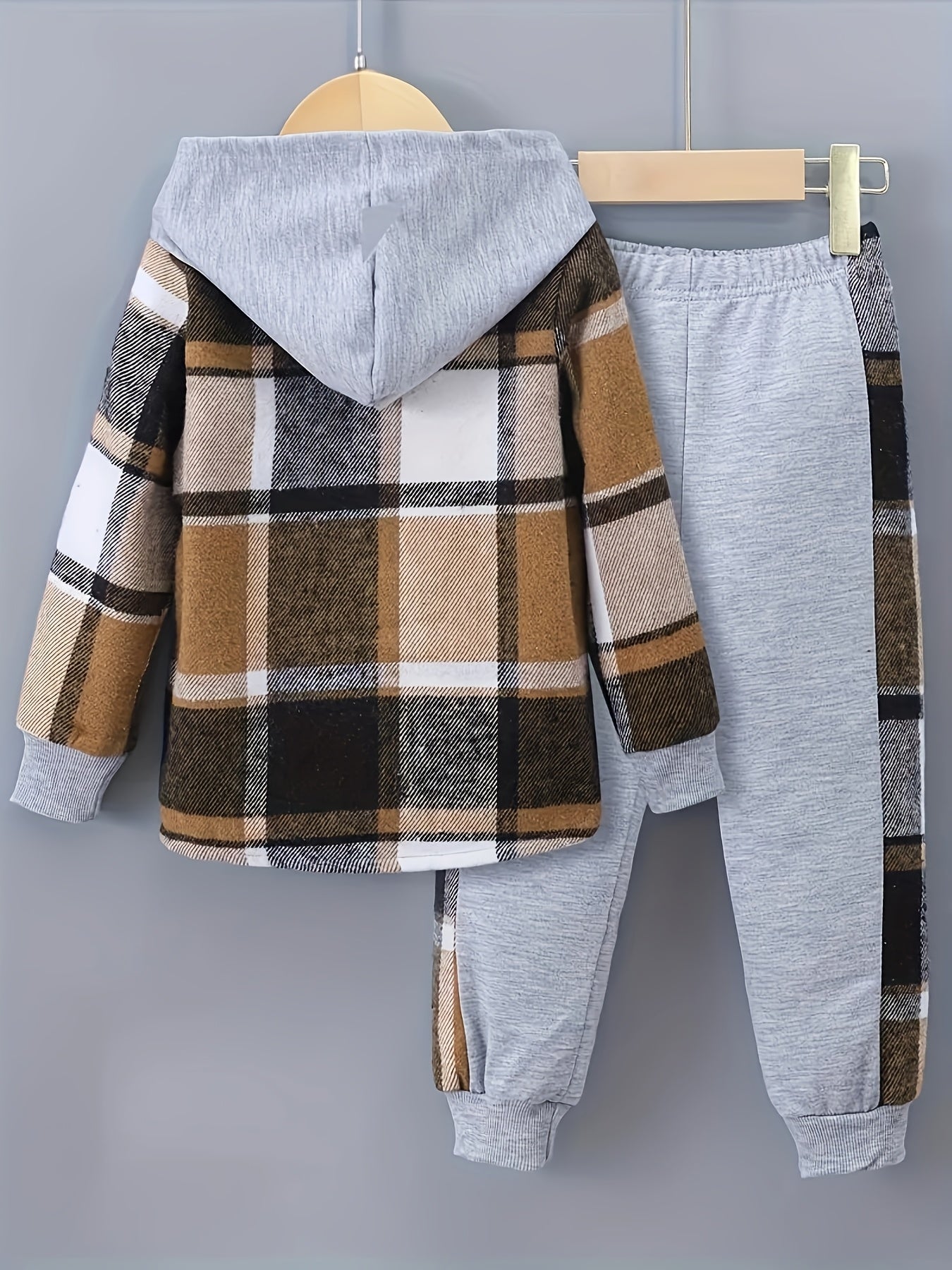 2 pcs Plaid Series Suit, Hooded Coat and Patchwork Pants Set