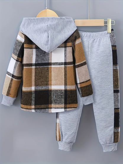 2 pcs Plaid Series Suit, Hooded Coat and Patchwork Pants Set