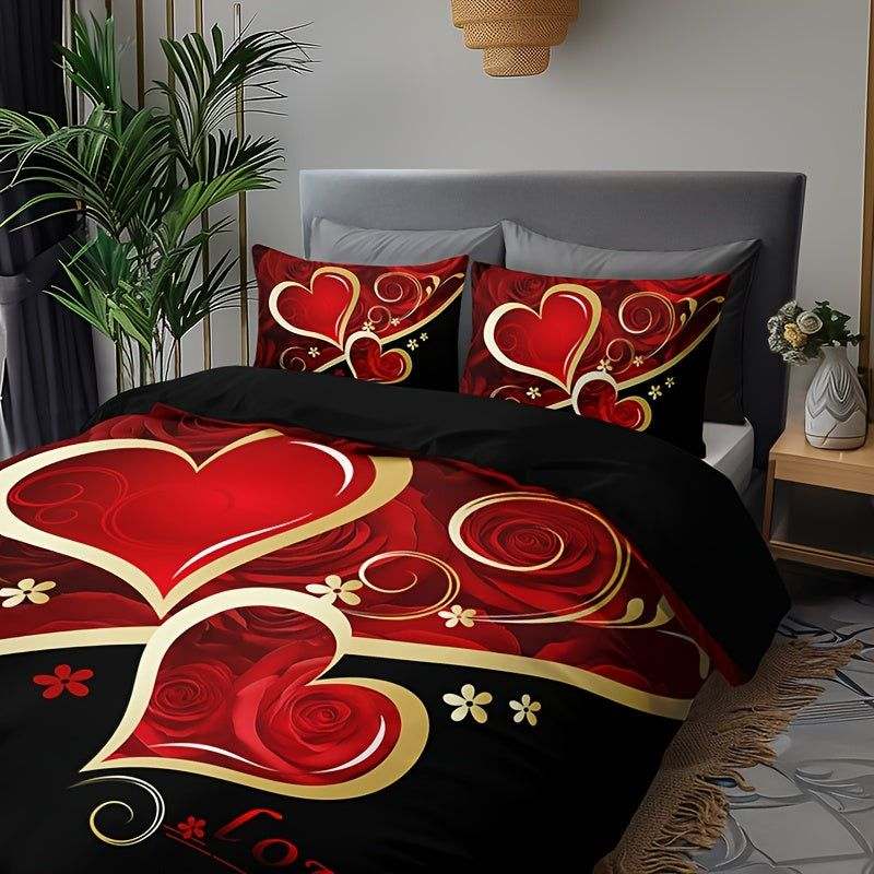 Heart Pattern Duvet Cover - 3pcs Set, Red & Black, All-Season