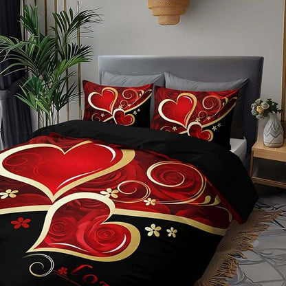 Heart Pattern Duvet Cover - 3pcs Set, Red & Black, All-Season