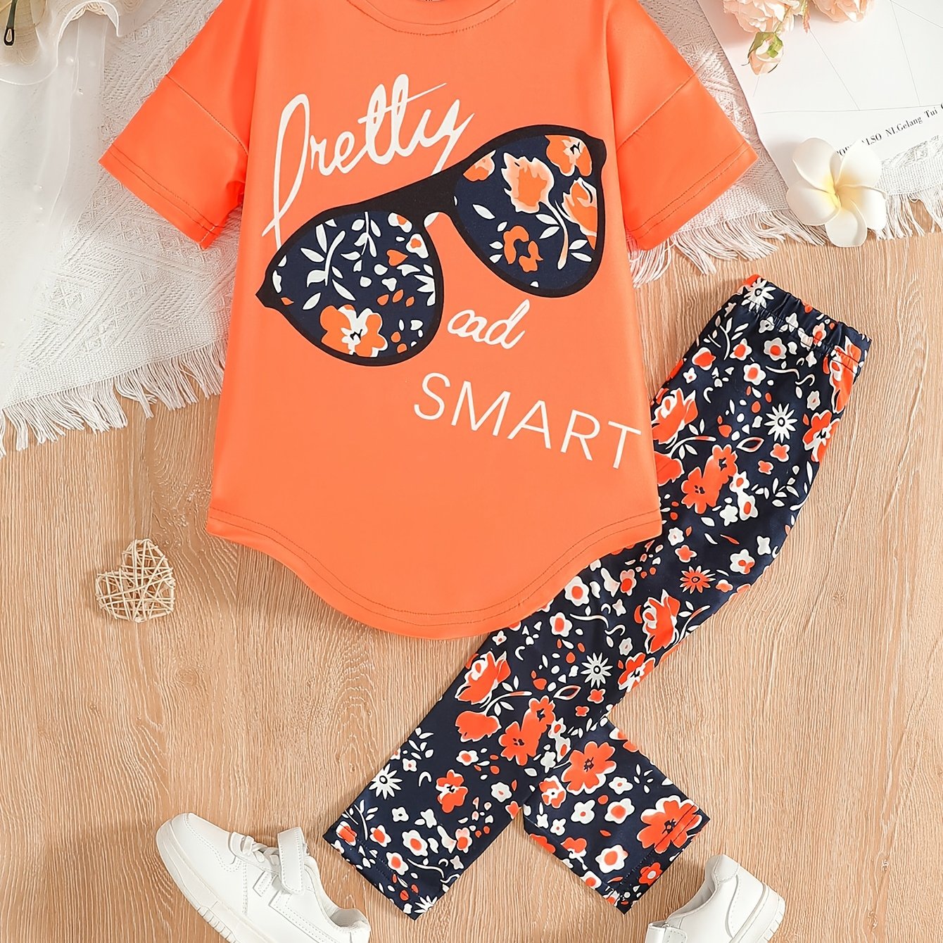 2 pcs Girls Party Outfit - Graphic Tee & Floral Leggings