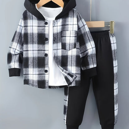 2 pcs Plaid Series Suit, Hooded Coat and Patchwork Pants Set