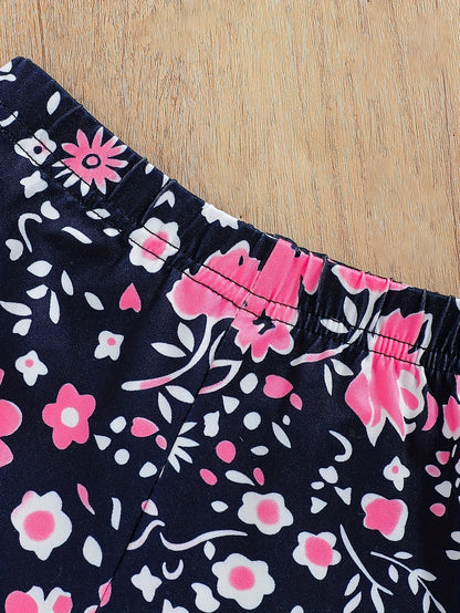 2 pcs Girls Party Outfit - Graphic Tee & Floral Leggings
